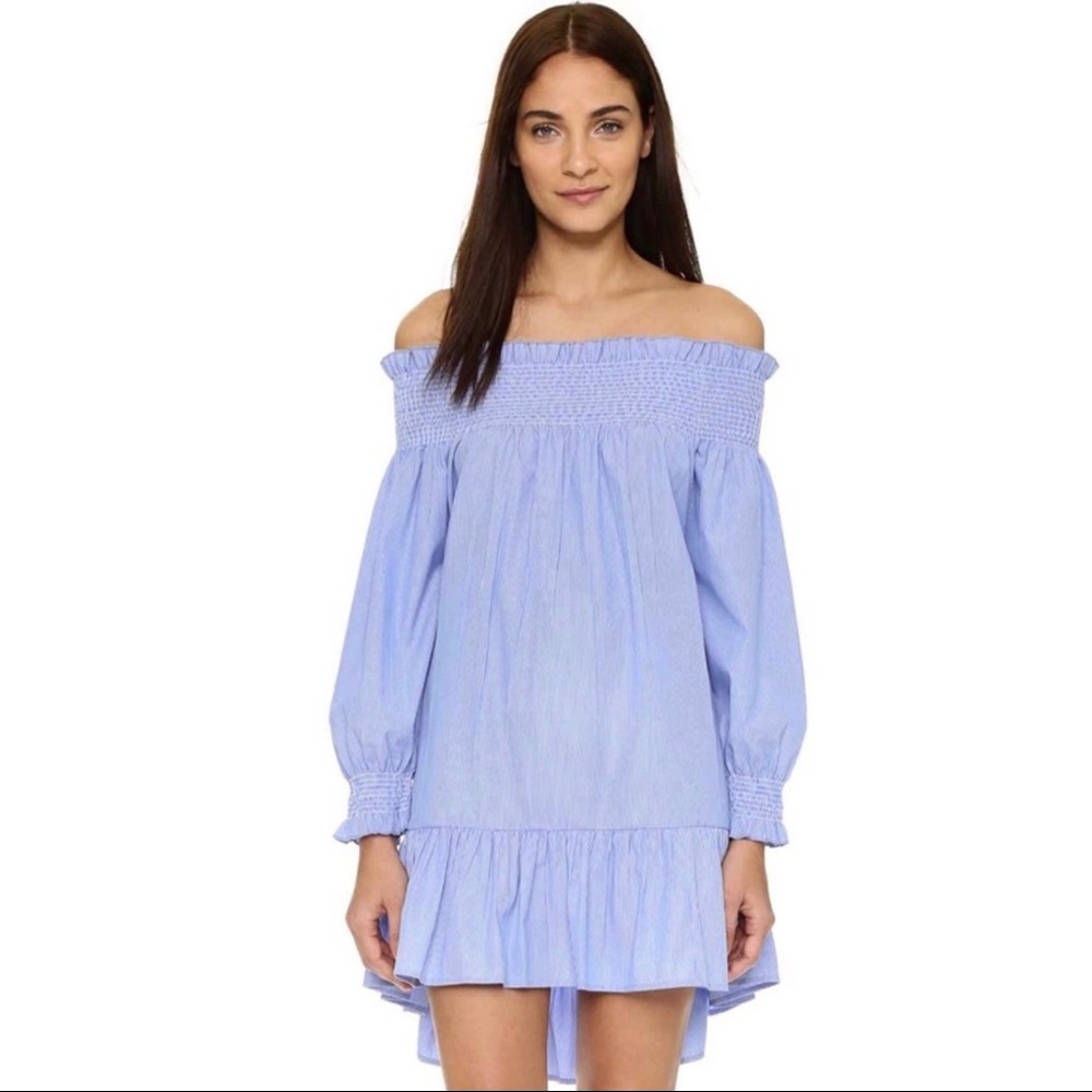 NEW THAYER BLUE STRIPED OFF-THE-SHOULDER MINI DRESS
